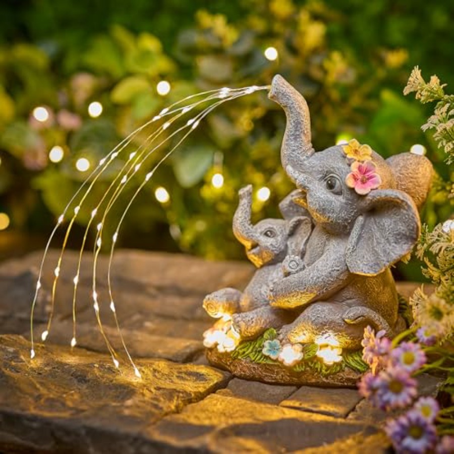 Outdoor Lighting For Patio - Solar-Elephant-Garden-Decor-Statue with Succulent and Watering LED